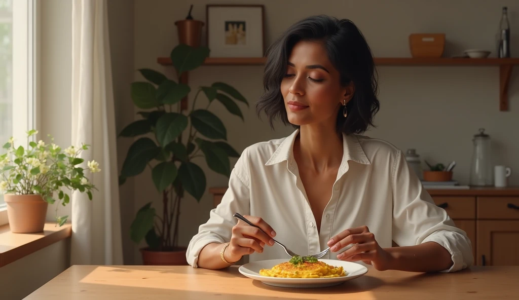Modelo brasileira, friendly about 20 years ago, academia, lunch, mesa, healthy food, salada, prato, copo de suco, suco de laranja, sentada na mesa, dining table, camisa, blusa