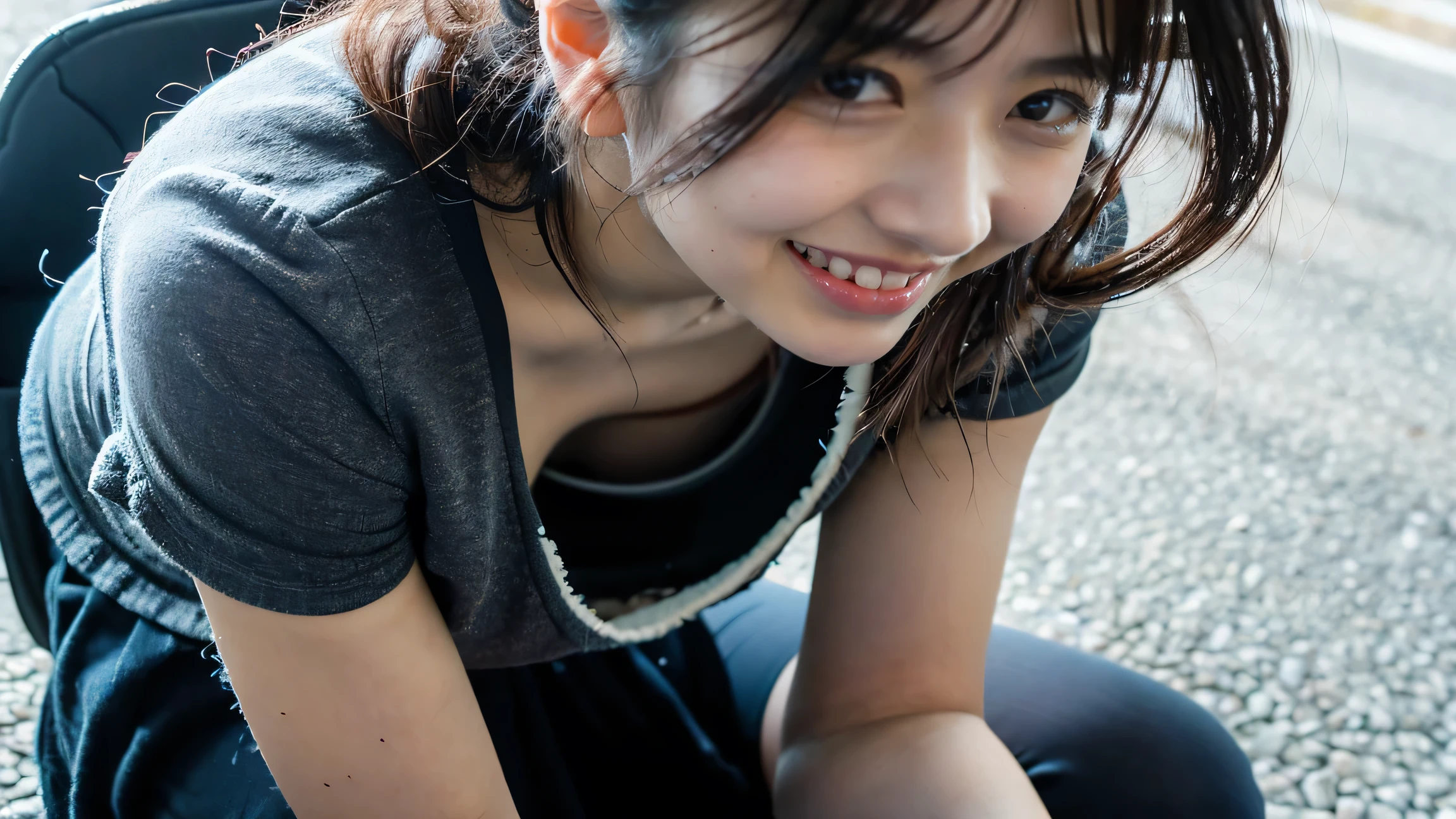 Browsing Caution, ((Highest quality, 8k, RAW Photos, masterpiece :1.3)), (Realistic、Realistic:1.37)、Very detailed、Ultra-high resolution, (Professional Lighting), alone, 1 female, alone, (30 years old), Japanese, Beautiful and dense face, Shining Eyes, Brown eyes, (thin:Weight 1.0) , Small breasts、Fine and beautiful skin, Skin Texture, kit,, (performance: Bright smile,Exceed,Big smile), (Hairstyle: Bob Hair、bangs:1.3, Brown Hair), (Wear black fishnet tights:1.3), Sit on the road with your knees raised., Spread your legs, alone、((forest、Midnight))、Show off your, (Spreading pussy:1.3)