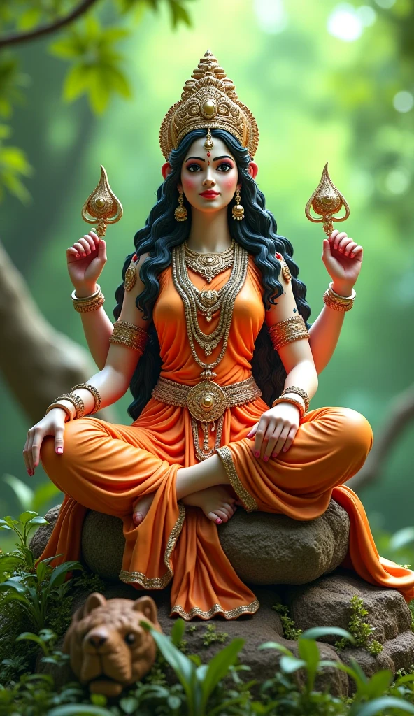 Create a realistic phone wallpaper of the goddess nainai nagapoosani amman with one blessing hand sittingunder 5 heads snake umbrella 