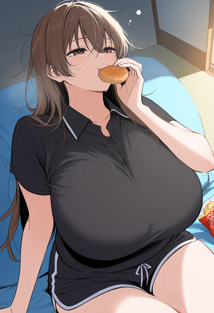 make that brownhaired girl fatter than 80kg while she eat