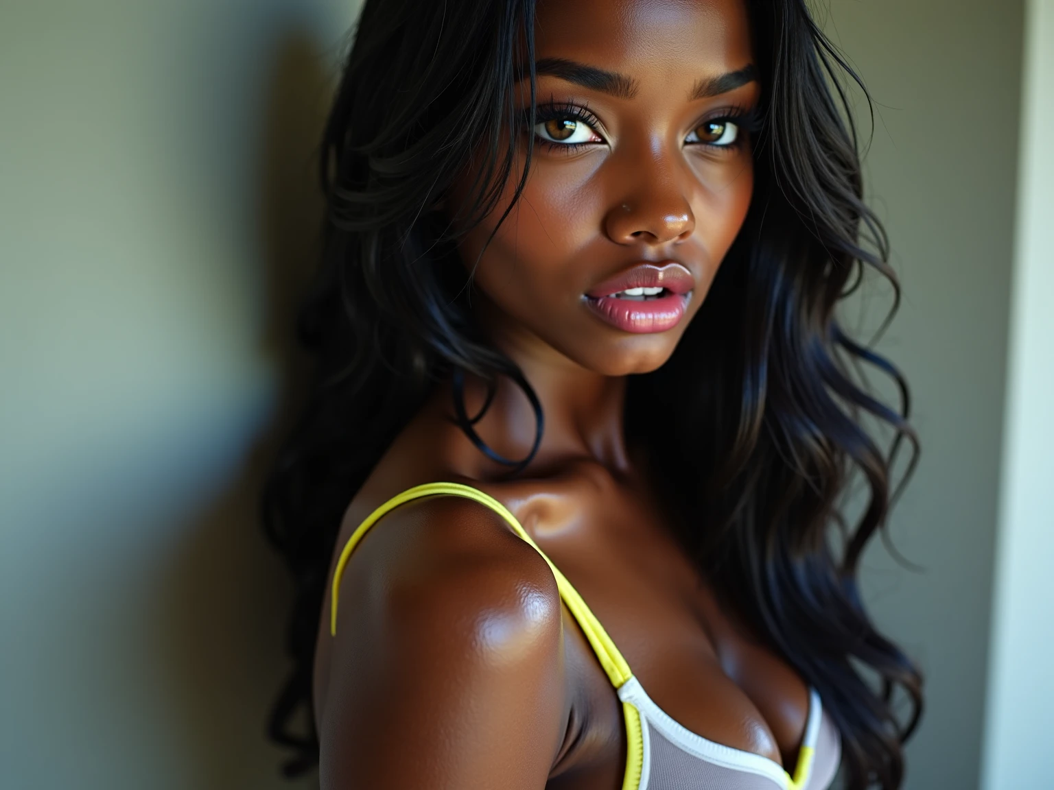 ((Extremely beautiful face)), ((very dark skin)), upper body, ((face focus)), tanktop, short shorts, full body, long hair