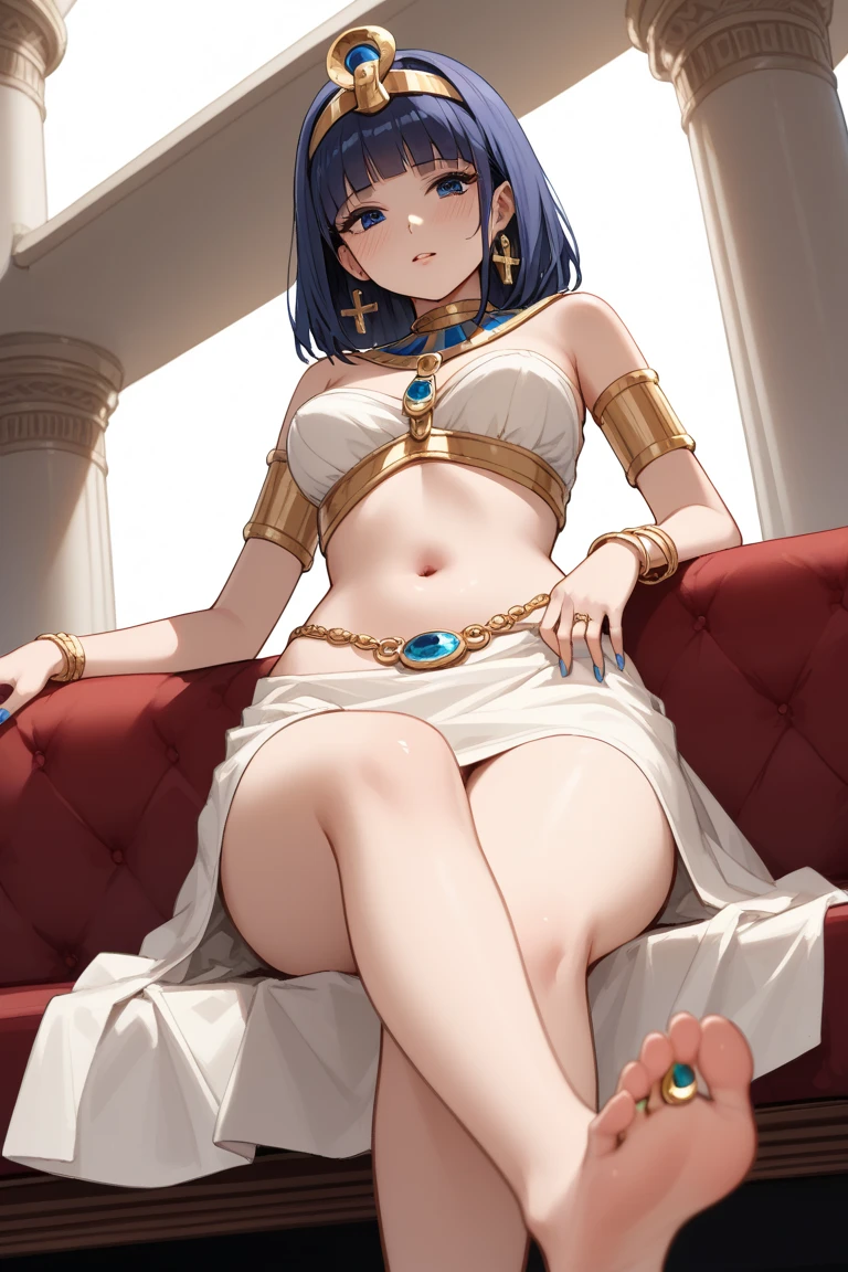 Maki nishikino,love live, highres, shiny red hair , from above,pov,purple eyes,blush , closed mouth, sitting on throne, crossed legs, elbow support, bare shoulders dress, vertical cutout,navel, breasts apart,thighs , looking at viewer, (sagging breasts:0.7) ,tiara, Egypt queen ,pov penis, Cleopatra