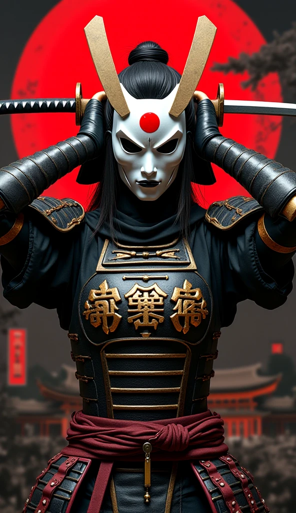 13century、A white cyborg samurai-like creature wearing a Hannya mask.、Shining eyes、 Kneel on one knee、(Black and Red)、FW Murano Style, An explosion of vibrant colors, Incredibly detailed, dark, Key Visual, in the air, Very realistic, Attention to detail and texture, Ray Tracing