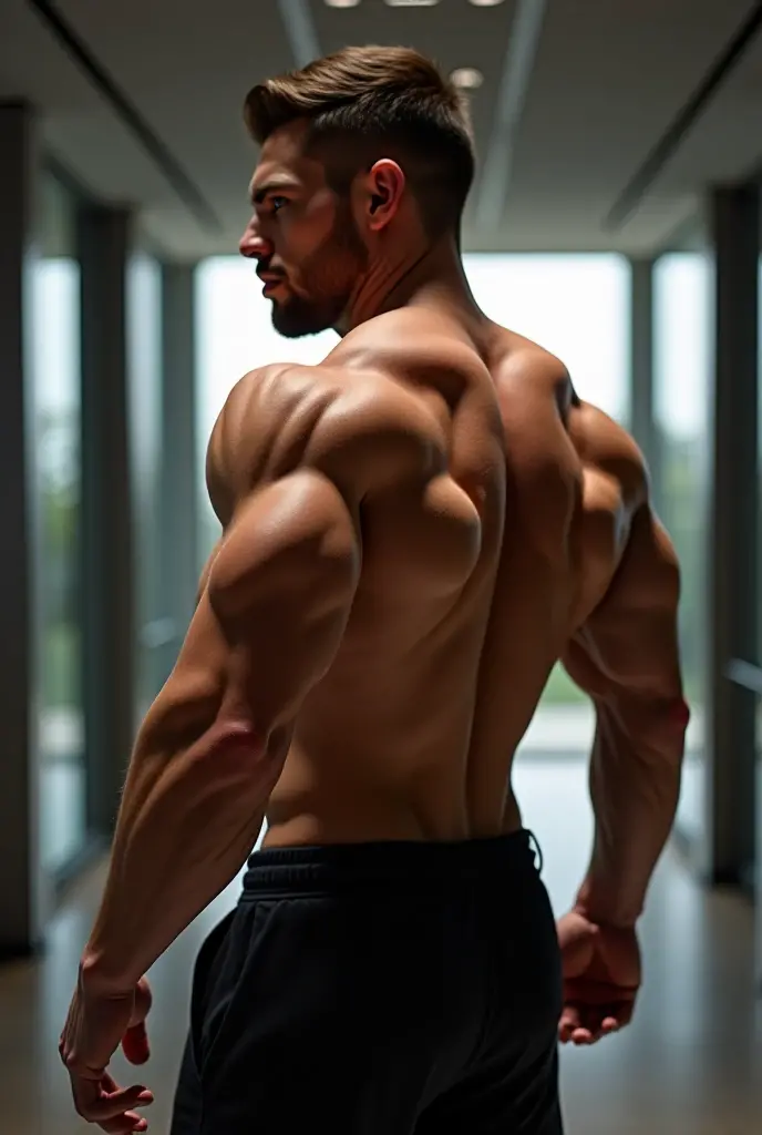 gym man showing, gym, from the side showing the triceps