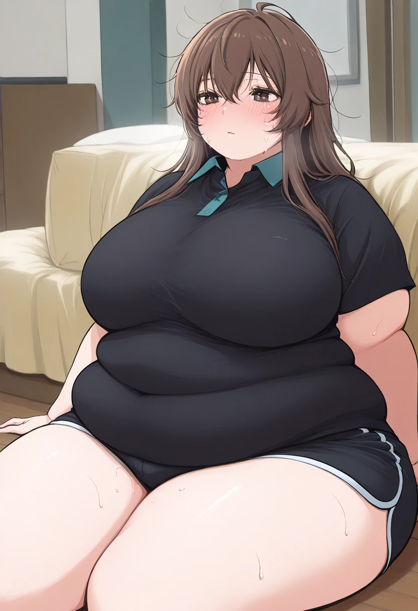 (masterpiece, best quality), 1girls, big belly, blurry background, huge belly, art by kipteitei, round belly, chubby, curvy, white button-up shirt, skirt, thighhighs, simple_background, gradient_background, belly bursting out of shirt, belly grab, enormous belly, fat belly, thicc, bigger belly, sitting on chair, really big belly, jiggly belly, shirt covering belly, belly cover by shirt, glasses