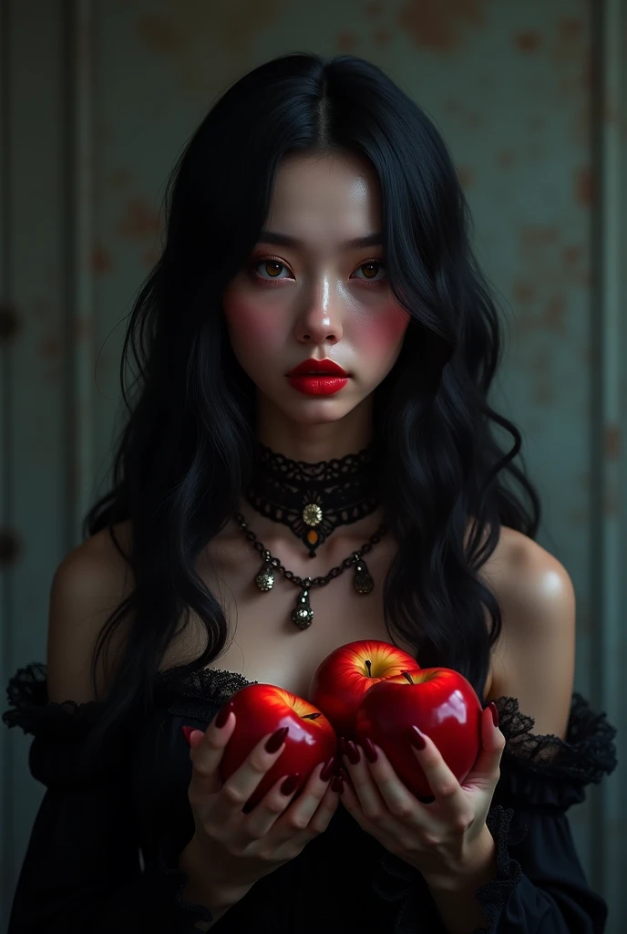 ((RAW Photo), absurd, (absurdresolution)), masterpiece, best quality, (Extremely detailed 8k unity CG wallpaper), (best illustration), (best shadow), Realistic lighting, beautiful detailed glow, ((21 years old)), girl, long black hair, black queen, accessories, apple in hand, poisoned apples, witch queen, red lipstick, (((Photographic Perspective of her)))