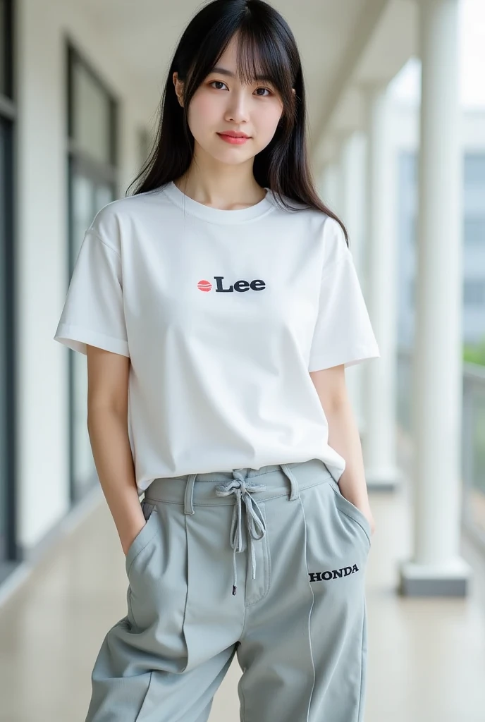 Japanese woman modelling wearing LEE logo t-shirt and cool Honda logo chinos