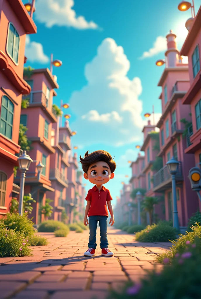 a boy walking down the street in a Pixar-style city