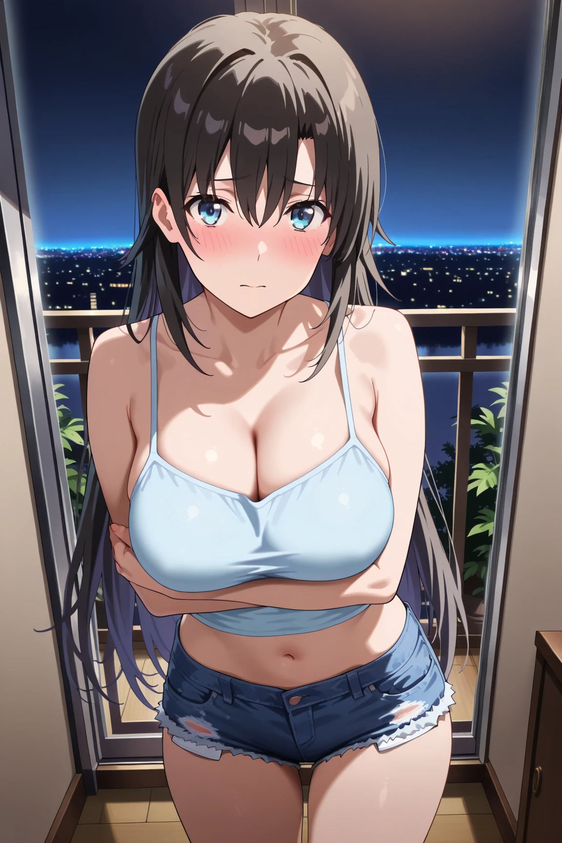 shinkai makoto, Kimi No Na Wa., 1 boy, Shaved head, , Boys are behind girls, Touching the chest, Rubbing breasts from behind, grab, grabbing chest,chestgrab behind back, Remove your bra, Hold the bra, Embrace, Embrace, Kiss on the neck, One girl, Black Hair, Waterfall knitting, Red ribbon, Long Hair, Brown eyes, blue star necklace, Light Cardigan Pink, Open shirt, Yellow shirt Open shift, belly button, White bra, White pants, cute, Open your mouth, whole body, Long sleeve, Cowboy Shot, masterpiece, On a date, Blushing, Bedroom, night, Sit on the bed , Shaved head,Topless,Nipples are erect,Armpit sweat,Shyness,clear,High exposure,Having my armpits licked,His arms are tied and he is hanging from a rope