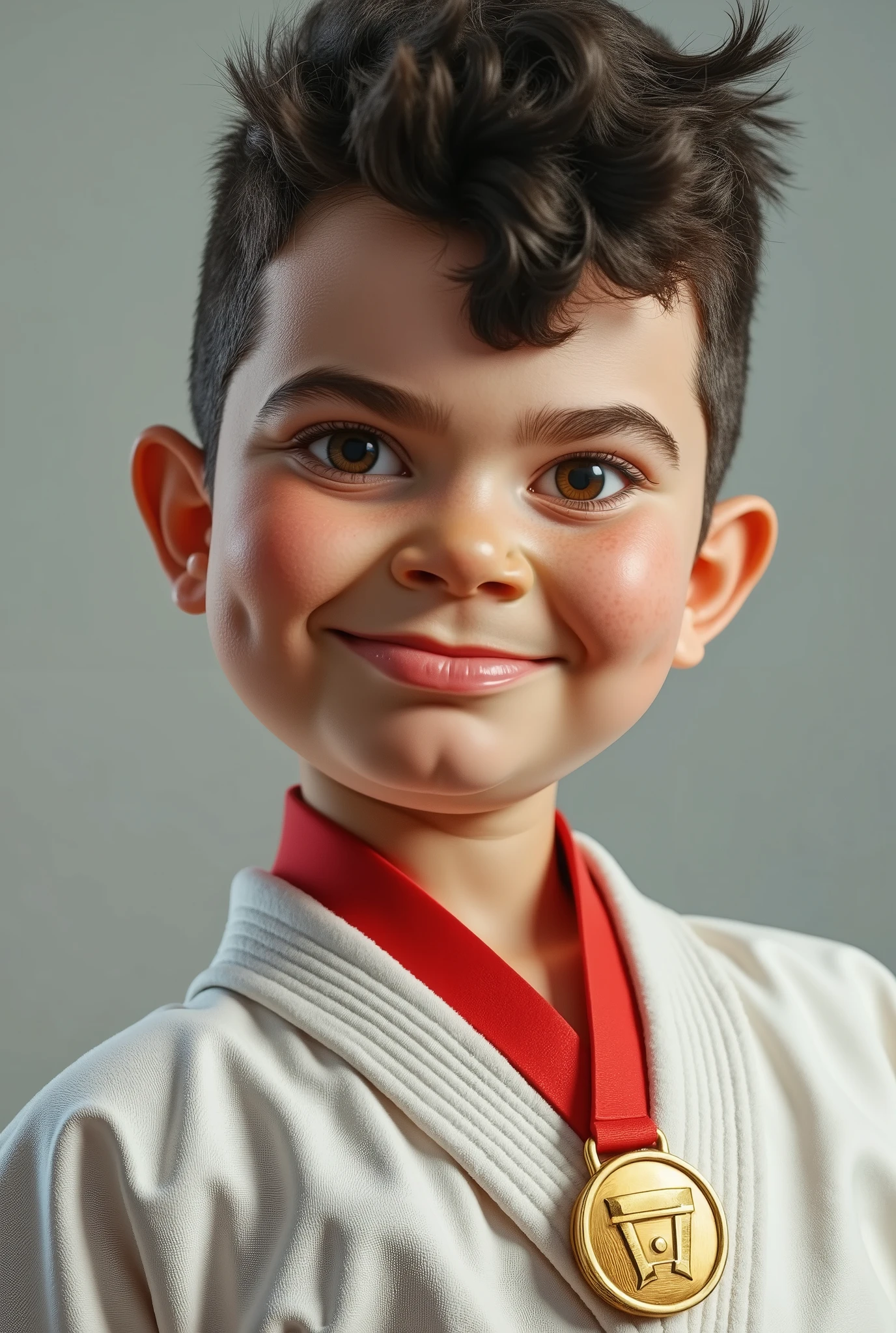((A 3D Pixar-style)) of a boy champion of judô wearing a kimono, medal, (((THOE Flux face))).