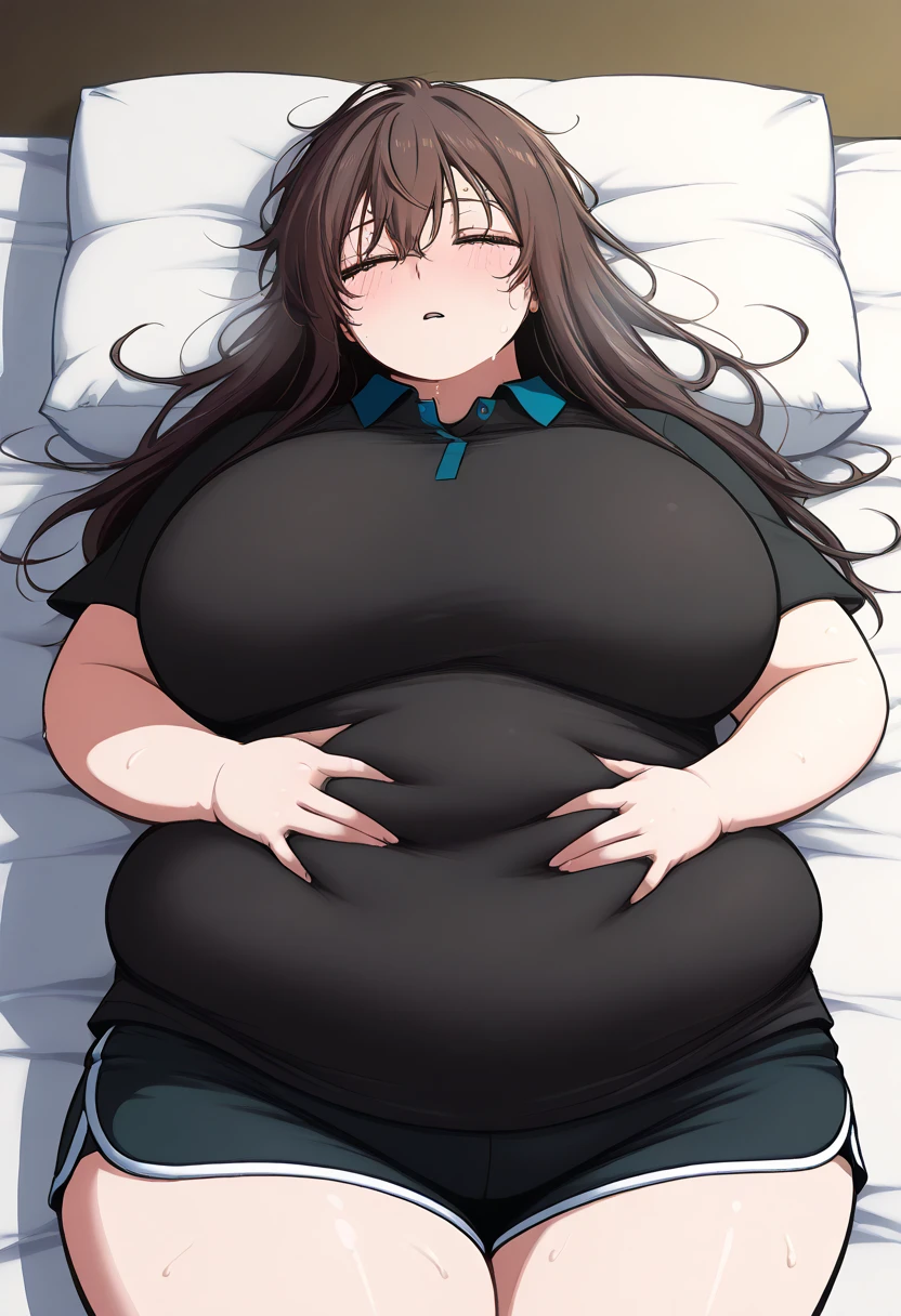 art by kipteitei, 1girl, sleeping, black trousers pulled up to the knees, white unbuttoned shirt, white bra, laying down on her back, sofa , camera angle above the girl, round fat jiggly belly, big thighs, bigger boobs, chubby (best quality, masterpiece)