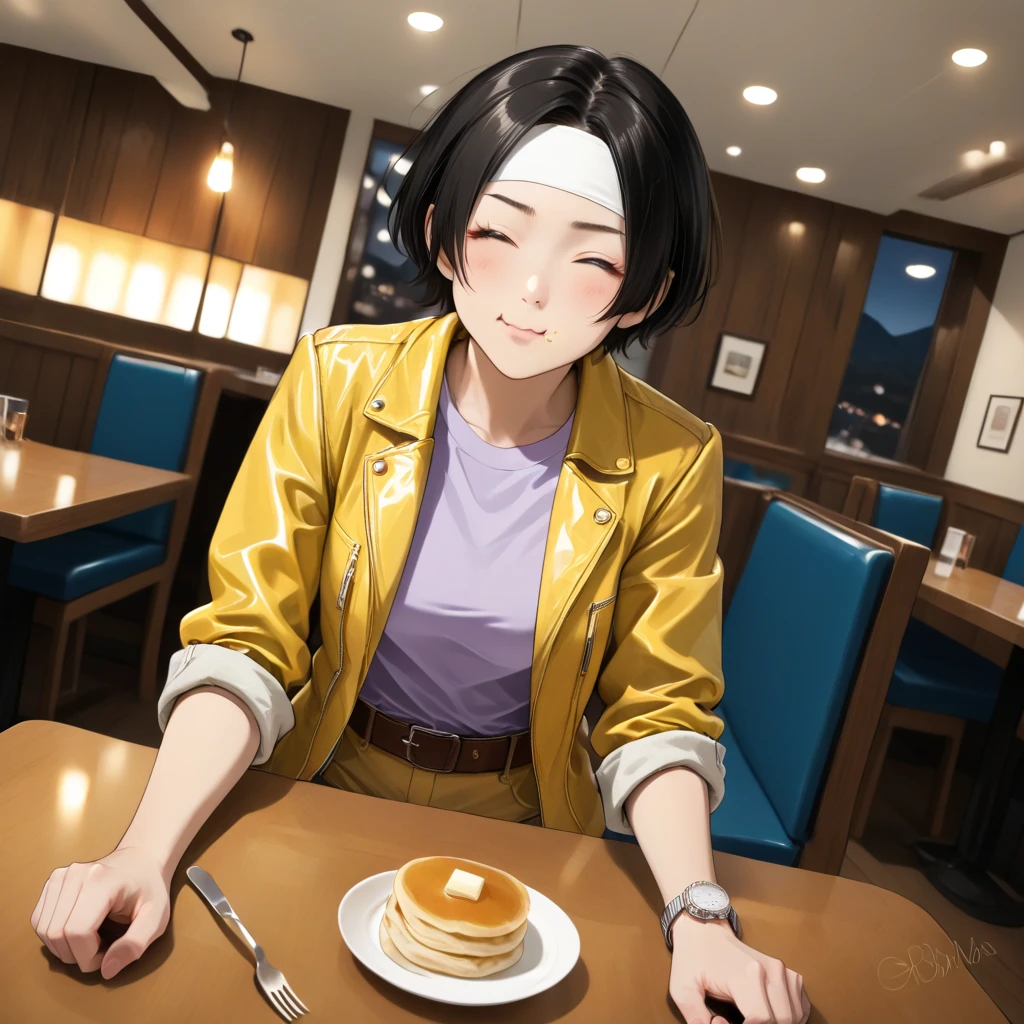 masterpiece, top quality, great quality, very beautiful, black hair, short cut, dark skin, ((mountain yellow jacket with rolled up sleeves)) , open jacket, silver watch, light purple T-shirt , ((white headband)) , mountain yellow slacks, white shoes, wearing brown belt, latest,pretty face, S4 bit4mago_ one girl, difficult, change, ^_^, eyes closed, cheeks full, wavy mouth, eating pancakes, (:0.4), after holding fork, chair, table, in restaurant, in room, warm lighting