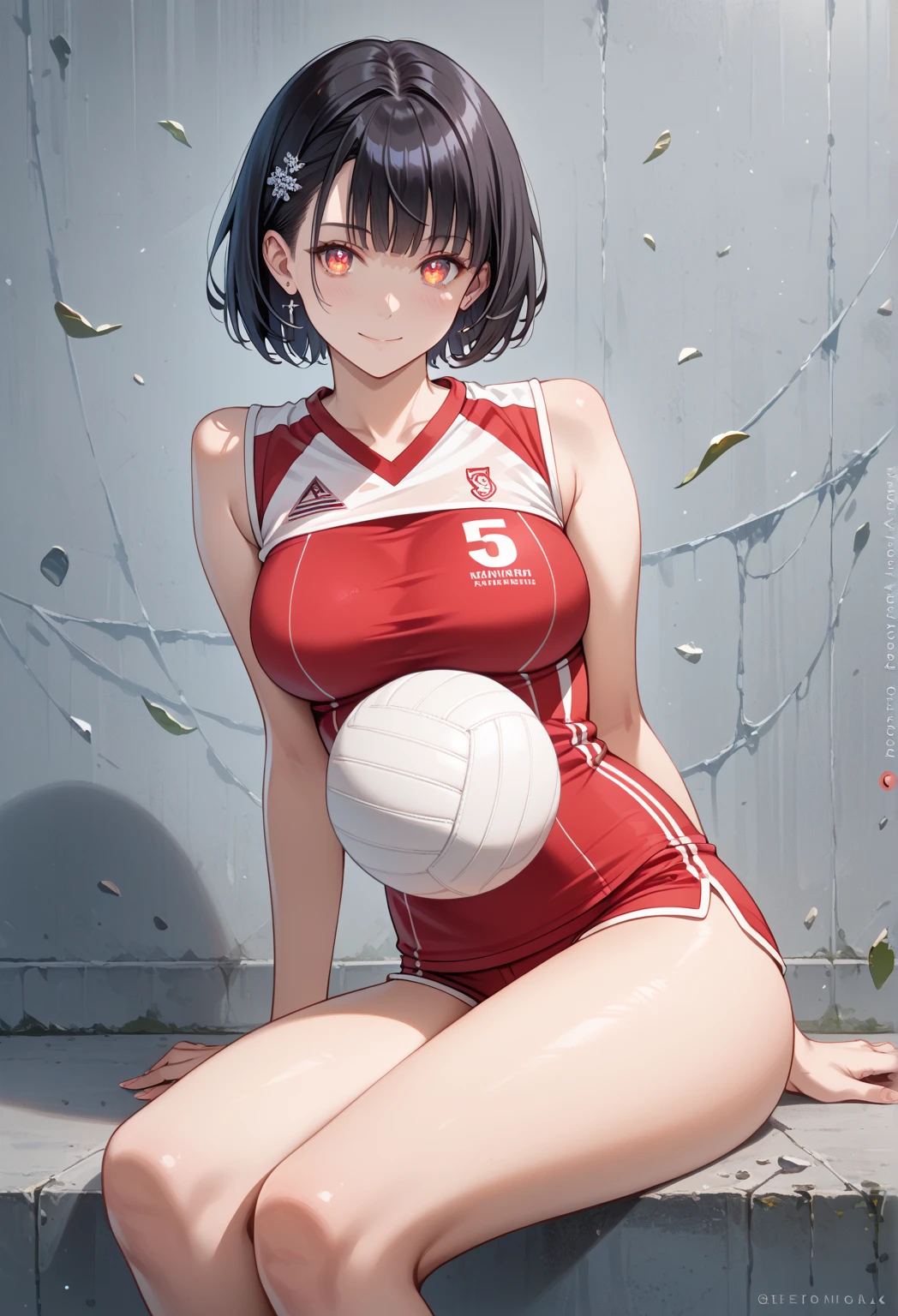 (best quality,4k,8k,highres,masterpiece:1.2),ultra-detailed,realistic:1.37,(Japanese woman:1.1),(A female volleyball player standing against a wall,She's taking off her bloomer and exposing her underweAr, I'm tiping my clothes and exposing my tit),(lanky, leggy, tall:1.2, huge tit, Big butt,muscular), (perfect face, black hair, Pixie cut:1.5,Side undercut,Human ears),(Slant eyes,Blue eyes),(Uniforms Of thick fabric that fit the body,Red volleyball uniform, short sleeves,red bloomers,kneelet,White socks below the knees,White sneakers),(Behind the dimly lit gymnasium),(Hot breath:1.3),(Flowing sweat:1.3),(full body),from front,(The expression of dissatnt,Angry)