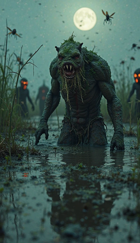medium shot photography putrid goey slimy covered king orc, sub surface scattering, shiny slimy skin, in a moon lit swamp, sharp focus