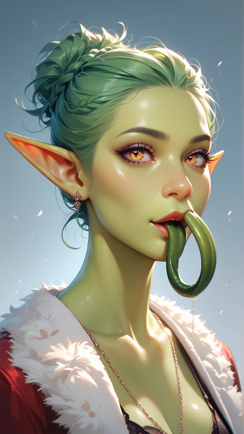 Close-up of a caricature of a woman with very large breasts, Elf, Elfpunk, Goblin character, female goblin portrait, a elf portrait, elf portrait, she has elven ears and golden eyes, Show tongue, female elf, (((insane))) Elven princess, loish and splash, A cunning expression, teen Elf