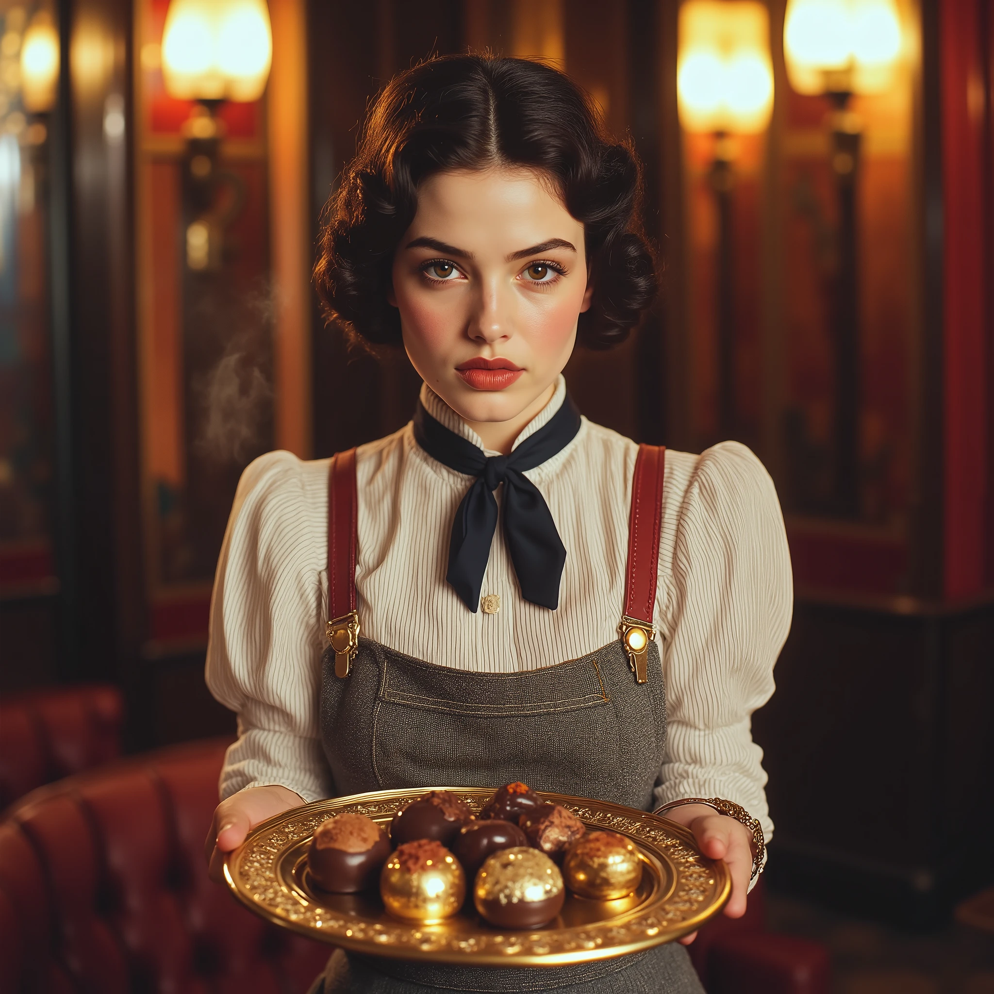 "Ultra-realistic 8K cinematic portrait of a 22-year-old chocolatière in a 1930s art deco cinema lounge, wearing a striped white/navy blouse with black silk neck ribbon, grey wool pleated skirt, and semi-transparent apron. Her dark hair in a chignon frames warm, engaging eyes as she presents a brass tray of glistening chocolates (mirror-glazed bonbons, cocoa-dusted truffles, one gold-leaf praline with fingerprint smudge) supported by aged red leather straps. Stained-glass light patterns illuminate the scene, highlighting swirling dust motes and delicate chocolate steam against blurred burgundy velvet curtains and art nouveau sconces. Shot on Kodak Portra 400 film at f/2.4 with shallow depth of field, capturing every tactile detail - from apron embroidery threads to the Tissot watch peeking under her cuff - in warm amber tones with rich red accents, creating a perfectly nostalgic yet hyper-realistic moment frozen in time."