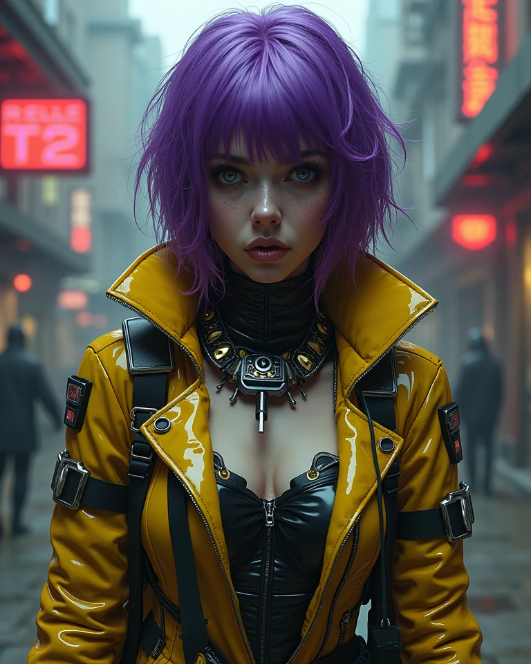 (cinematic, 8k, best quality, masterpiece: 1.2), (realistic, photo-realistic: 1.37), ultra-detailed, soft light, best quality, ultra highres, raw photo in HDR, sharp focus, intricate texture, skin imperfections, 1 girl, cute, solo, raw photo, Rebecca a robotic girl with green hair, pink tattoo on neck and belly, crazy face with rage, wearing a black jacket with yellow details, 19yo, camel fingers, slim body, warm body, shiny skin, realistic textures, reflected lighting, volumetric lighting. Background a cyberpunk city at night, neon lighting.