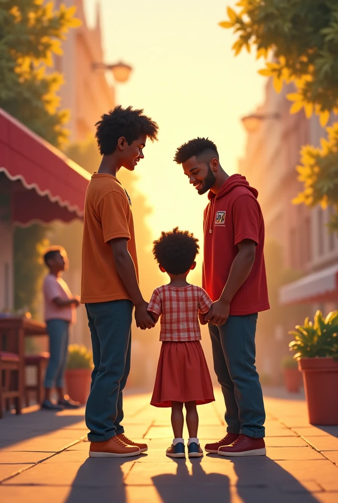 A young black man with short curly hair wearing square glasses and a black shirt, holding the hand of a black child with short curly hair with a cell phone in hand Disney pixar style animation 