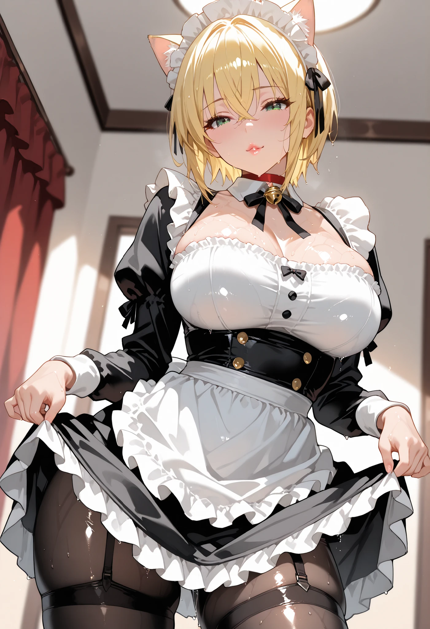 ((masterpiece, highest quality, Highest image quality, High resolution, photorealistic, Raw photo, 8K)), Ultra Wide Angle, blonde, maid dress, mini skirt, medium hair, onnanoko, (cleavage:1.3), (side boob:1.2), (wide waist:1.2), sexy thighs, naval, loose appron, sad, blushing, (small breast:1.2), (breast gap:1.6), nipples bulged, raise hand, armpit
