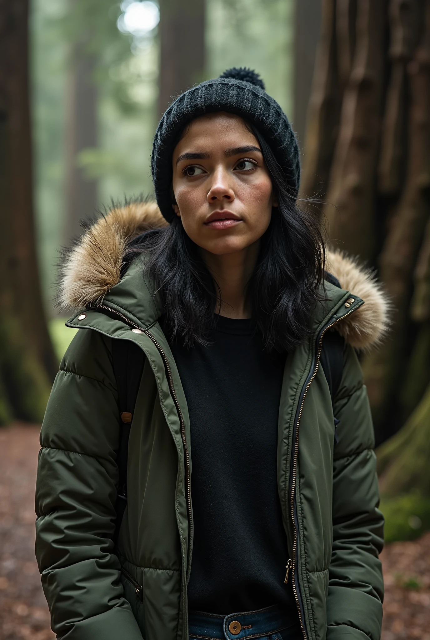 woman, sporty shiny faded down jacket, information plank "RITUAL DROWNING PLACE", flared jeans, stuck in bog, ritual hairdress,makeup.collar only