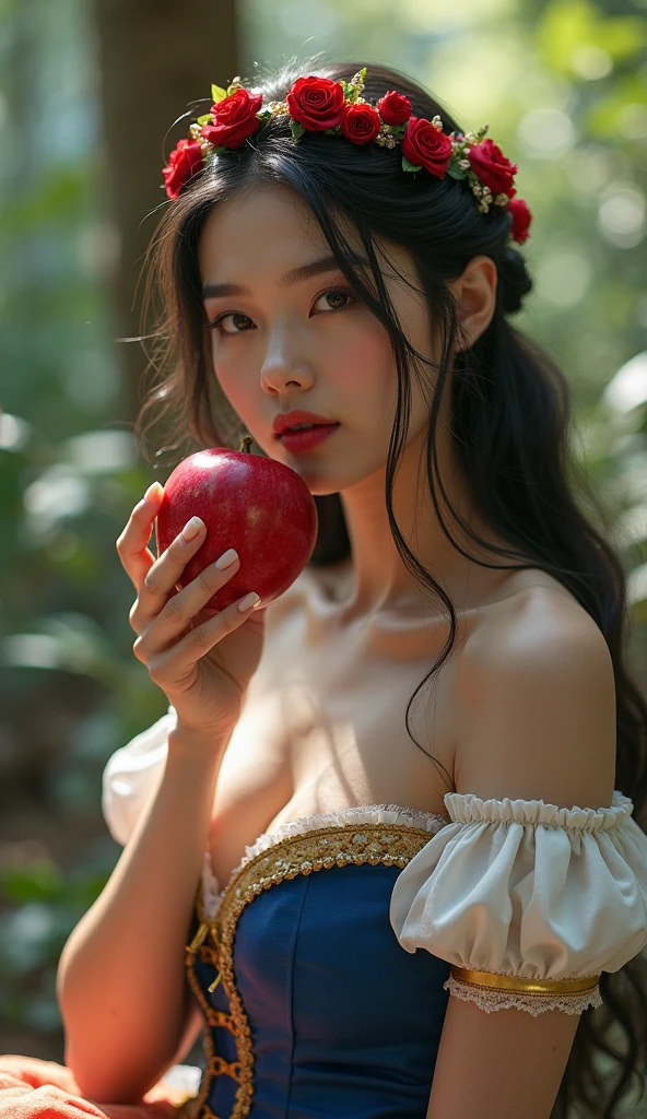 snow white, ultra realisitic, eating an apple