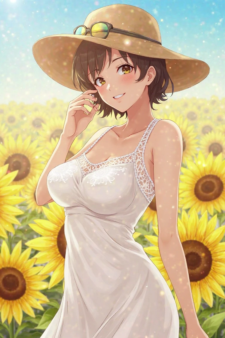 ((yellow sundress)), ((solo)) 1girl,tomboy (pixie cut),black hair, tan brown skin ,big breasts (masterpiece,mature,detailed, high quality) (smile) elegant, beautiful, freckles, realistic, heterochromia, ((beautiful eyes tulip field background)), ((curvy thighs))