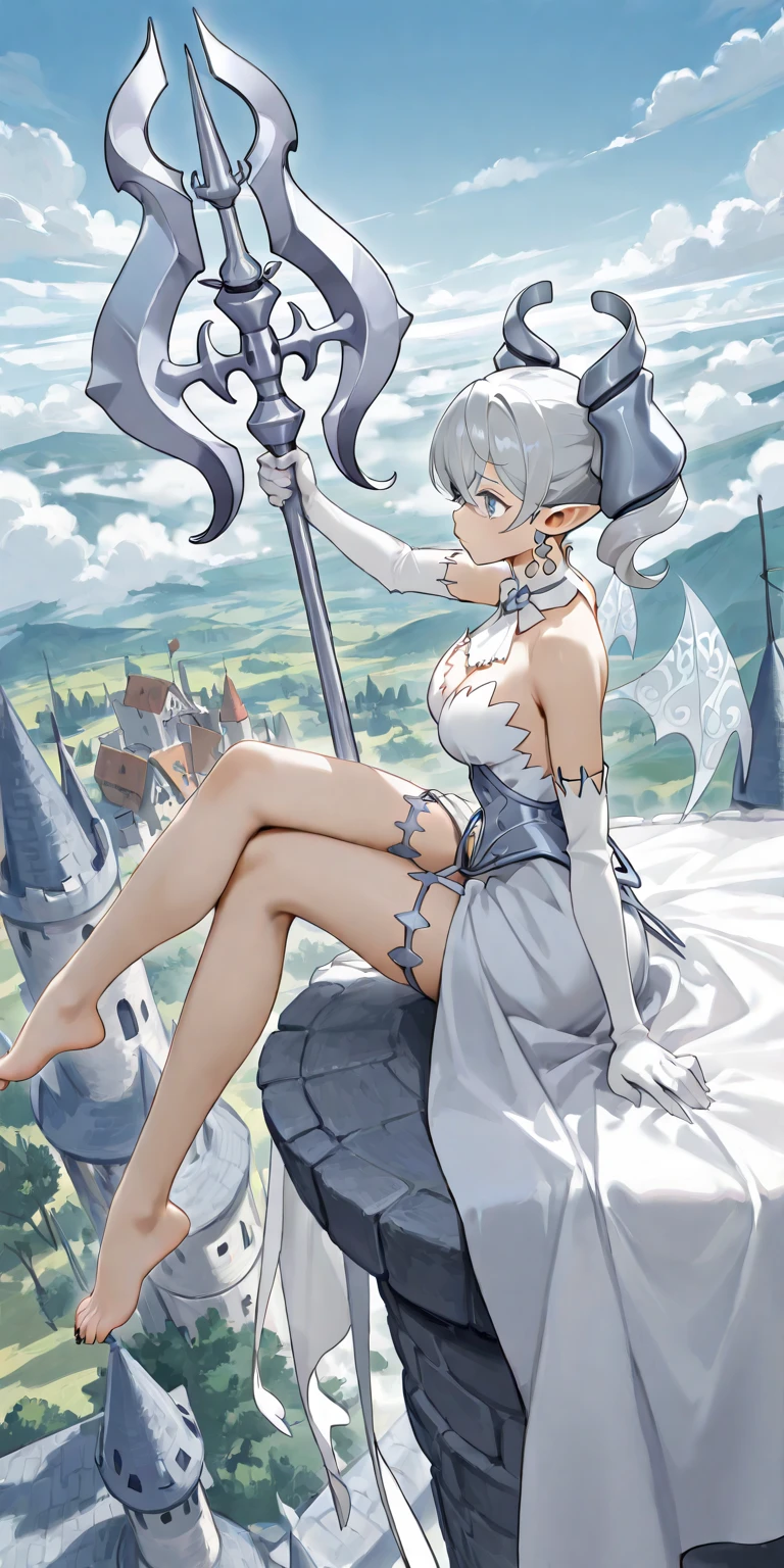 Beautiful arts wallpaper Sunset Outside castle top  High level image quality　best image quality　8K　 adult woman   silver castle outside  more colors   whole body view　portrait　 wearing pure white bikini  　horn   naked ears  　short hair（（shortcut）（gray hair）（perm）（fluffy））　eye color is blue ,  , 　attractive evil face , smile   ,  heroic stance   ,  labrynth   ,gloves     , barefoot , riding on beast , beast fast  on green Field 