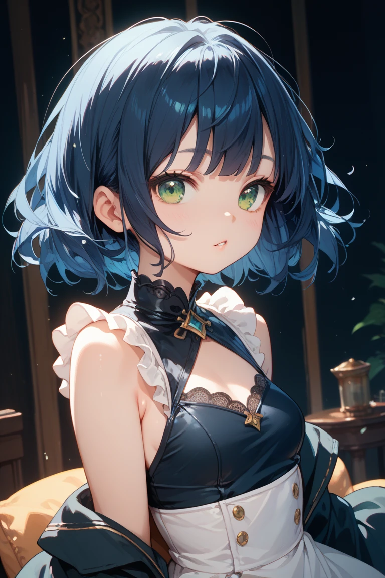 femele、shiny dark blue hair、straight short hair、Green eyes、Blunt bangs、middle size breasts、cheeky grin、impressionistic、Oil painting brush strokes、Blue and orange tones、Gothic costumes、Purple Dress、The collar of the dress is white