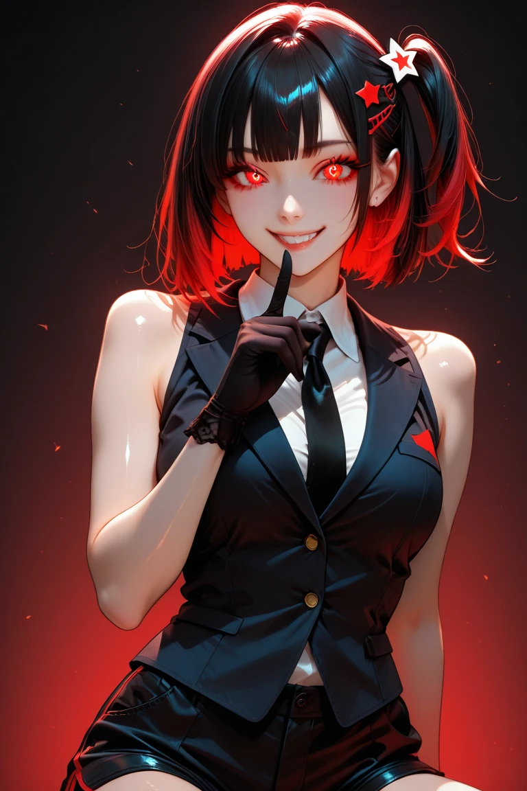 (kind_smile,biting own lip,red lips),epic-Ultra-HD-details, epic-Ultra-HD-highlights, anime-upscaled-resolution,(realistic, photo-realistic:1.37), precise and realistic hair:1.1), beautiful detailed eyes, extremely detailed eyes and face, awardwinning, amazing details, super detail, best quality, 1080P, 8k, masterpiece（fullbody shot：3.0）, 1girl, asymmetrical bangs, Topless, (Exquisite business suit:1.5), glowing red hair,(short bobcut),(back side long single ponytails),(long single ponytail wafts to the chest),necktie between breasts, midlle breasts, Glowing, eyes, (bone devil horns:1.5), eye shadow, Eyeliner, devil tail, Black Halo, tattoo on breasts, hair strand, (((detail bones)))