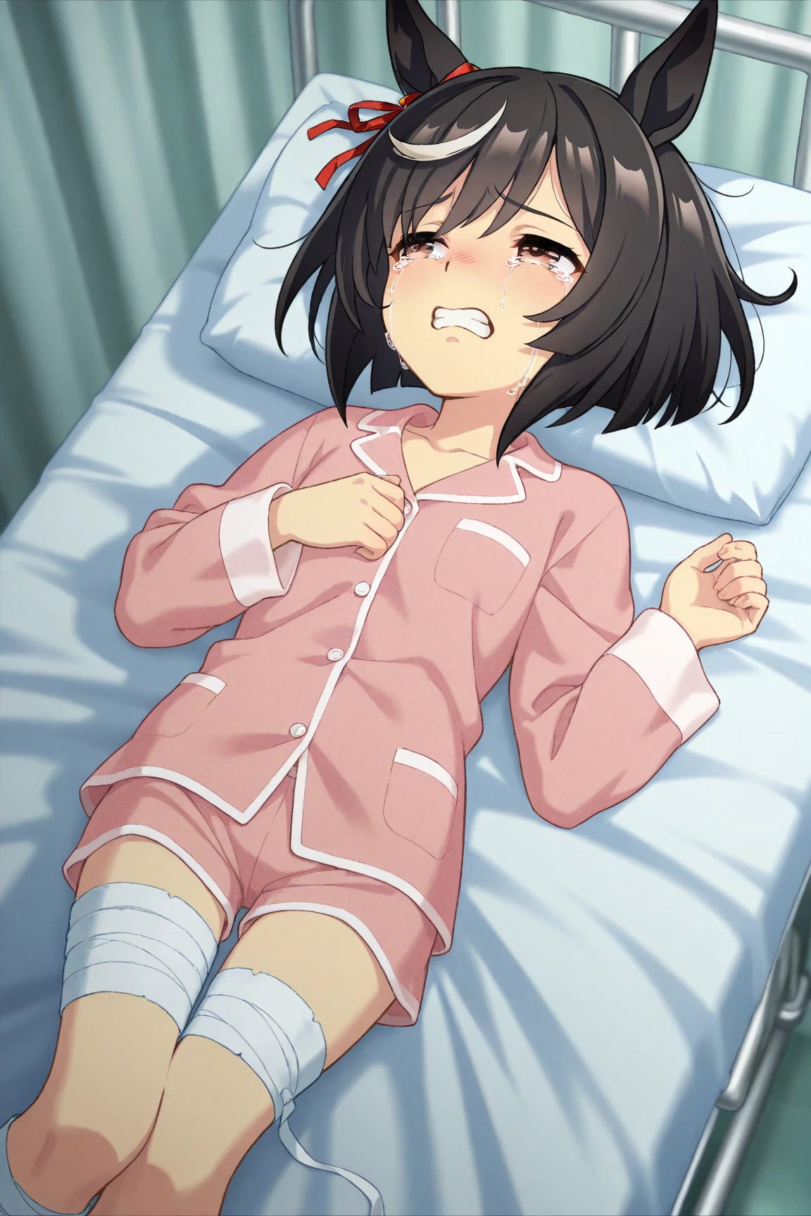 1girl, 独奏, medium breasts, dark skinned girl:1.2, ,(dark skin:1.8), black hair, short hair, pixie cut, wavy hair, (((open eyes))), wake up yawn, open mouth, covering mouth, pijamas, (white pajamas), window, morning, looking at viewer, sitting, seiza, waking up, on bed, full body, ((ultra detailed, masterpiece, best quality, 8K)),(Urine-stained futon,Pee-stained futon,Steam from crotch,Hospital room,Urine vapor),((huge breasts)),(Open one eye,Open only one eye,Surprised face),cheek,(6yo),((((NSFW,littlegirl,Open pajamas)))),puffy nipples