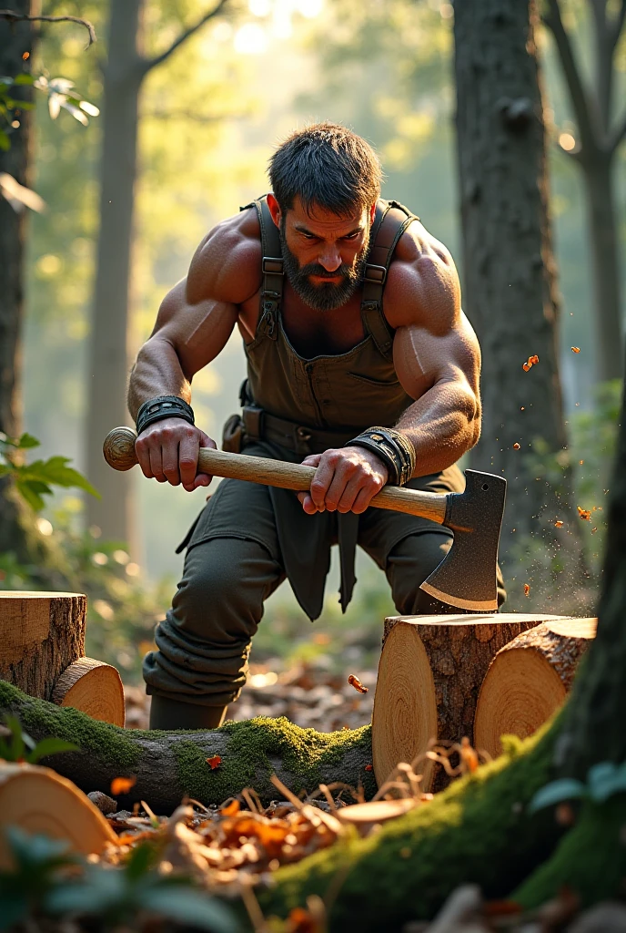 A middle-aged man is cutting wood with an ax in the forest