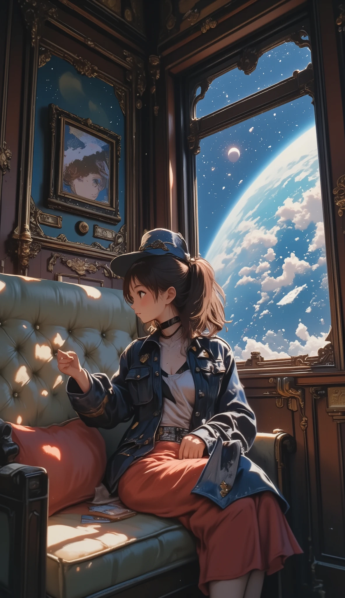 Galaxy Express 999, a masterpiece by Leiji Matsumoto, a passenger car pulled by a steam locomotive traveling through space, an interplanetary immigrant looking out the window in a passenger cabin