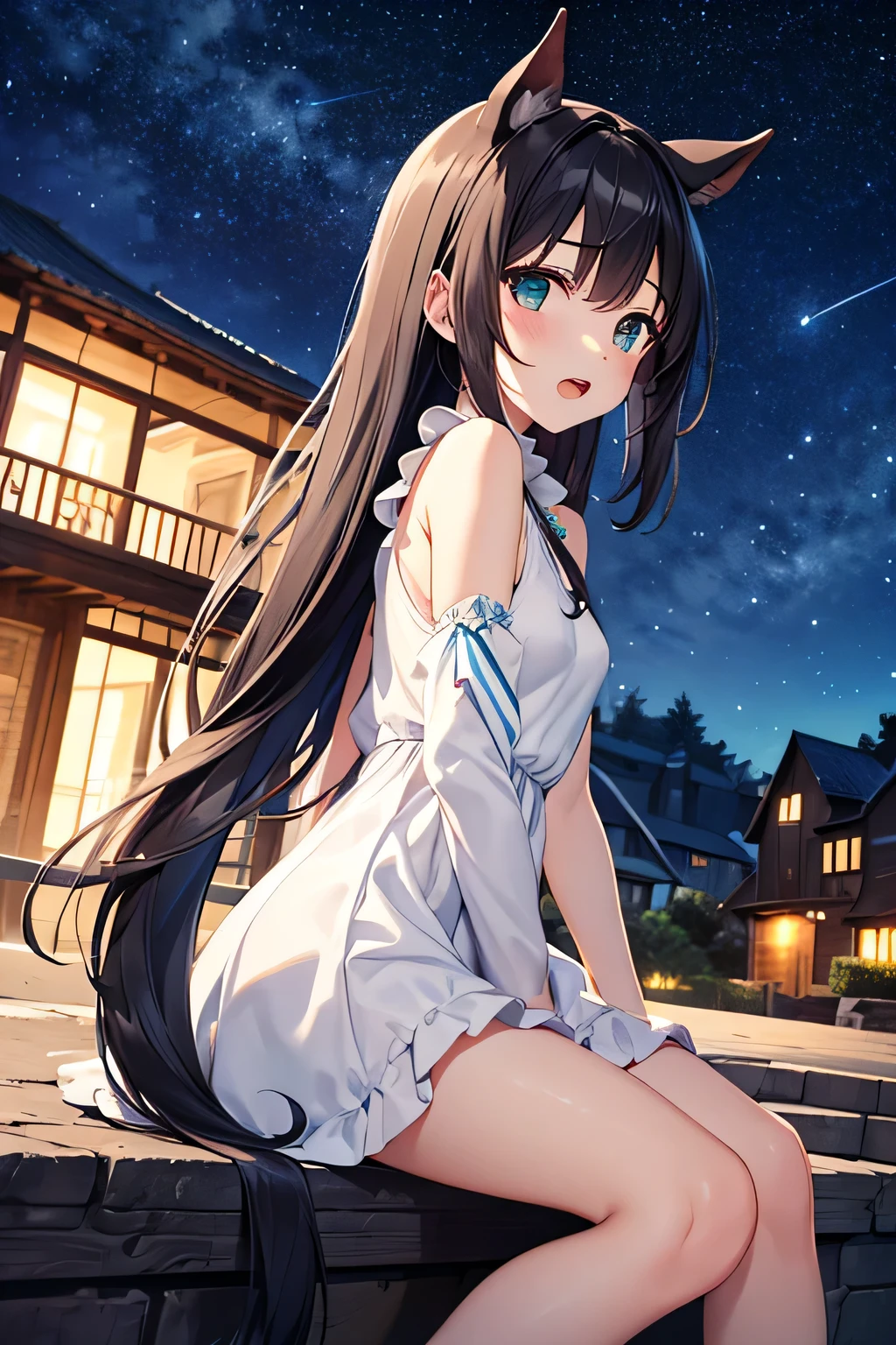 (Ultra Real), (Illustration), (High Resolution), (8K), (Very Detailed), (Best Illustration), (Beautiful Detailed Eyes), (Best Quality), (Super Detailed), (Masterpiece), (Wallpaper), (Detailed Face), Solo, (Dynamic Pose), One Girl, White Wavy Hair on the Bed, Losing Clothes, Japan Person, Iris Colored Eyes, (((Very Thin, Small and Short Night Dress)), Medium breasts, long legs, best ride of legs, (without panties), (without bra)