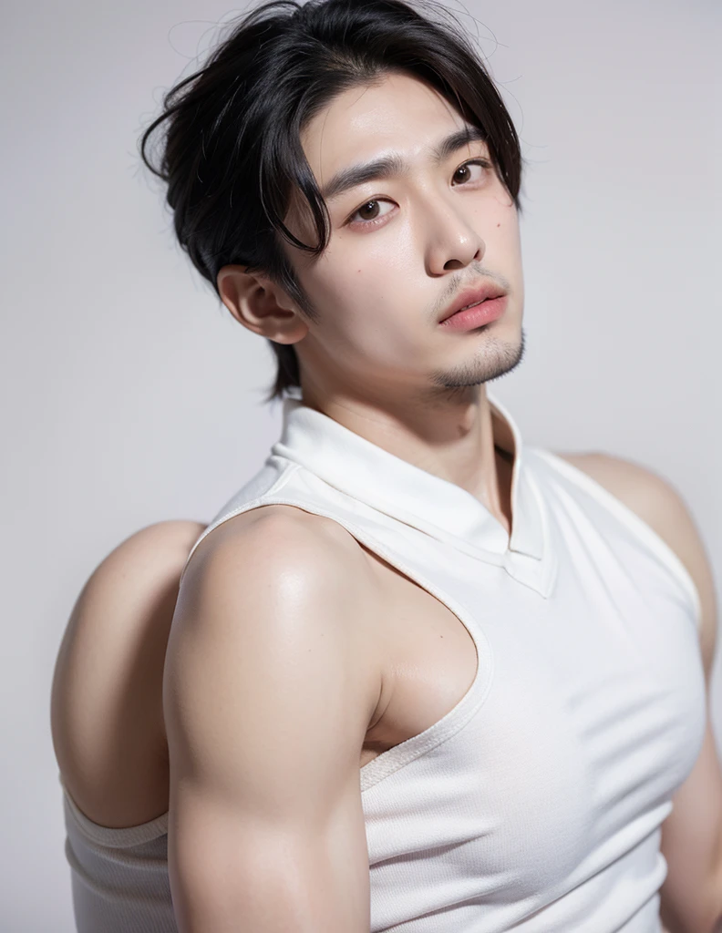 35 year old male idol, of Chinese-Japanese ethnicity, short hair shaved on the sides, with red tips, shirtless and marked abs, main vocalist and great dancer.