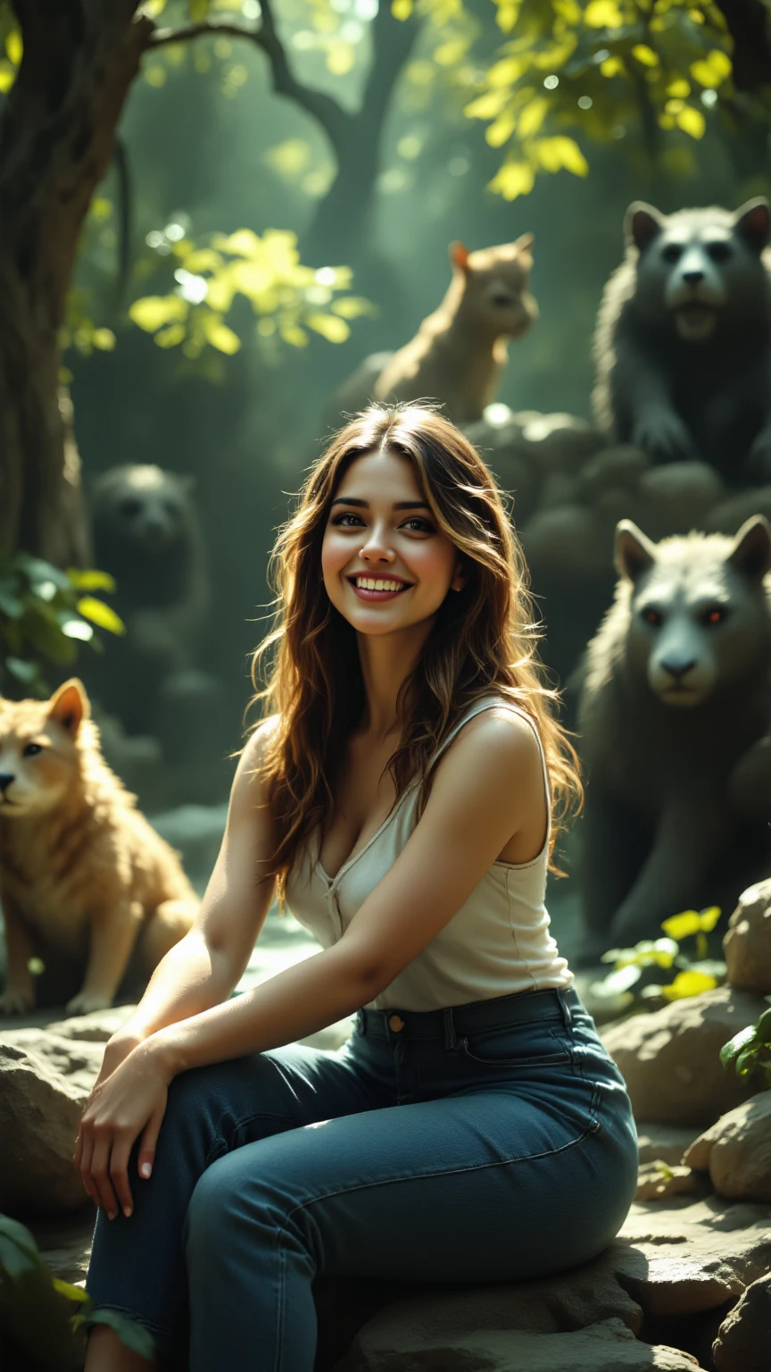 A woman with a perfect figure, big  for deep use, casual dress look, Enjoying watching the zoo, high resolution,8K,Superb Details,Realistic ,expert work,rich color,Soft Focus,environmental background,warm lighting,Zoo Interior,happy expression,Cheerful Posture,Lush trees,Cute Decorations,Natural Smile, Delicate Textures ,Professional Photographer Style