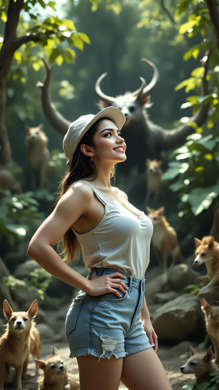 A woman with a perfect figure, big  for deep use, casual dress look, Enjoying watching the zoo, high resolution,8K,Superb Details,Realistic ,expert work,rich color,Soft Focus,environmental background,warm lighting,Zoo Interior,happy expression,Cheerful Posture,Lush trees,Cute Decorations,Natural Smile, Delicate Textures ,Professional Photographer Style