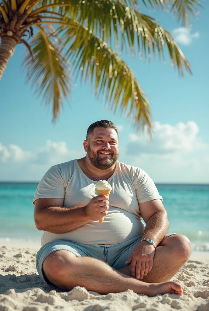 a morbidly obese man, looking forward, close-up image, on a beach, with a sombrero, two beach chairs, wearing beach swim trunks, holding an iced popsicle, realistic, hd, 8k