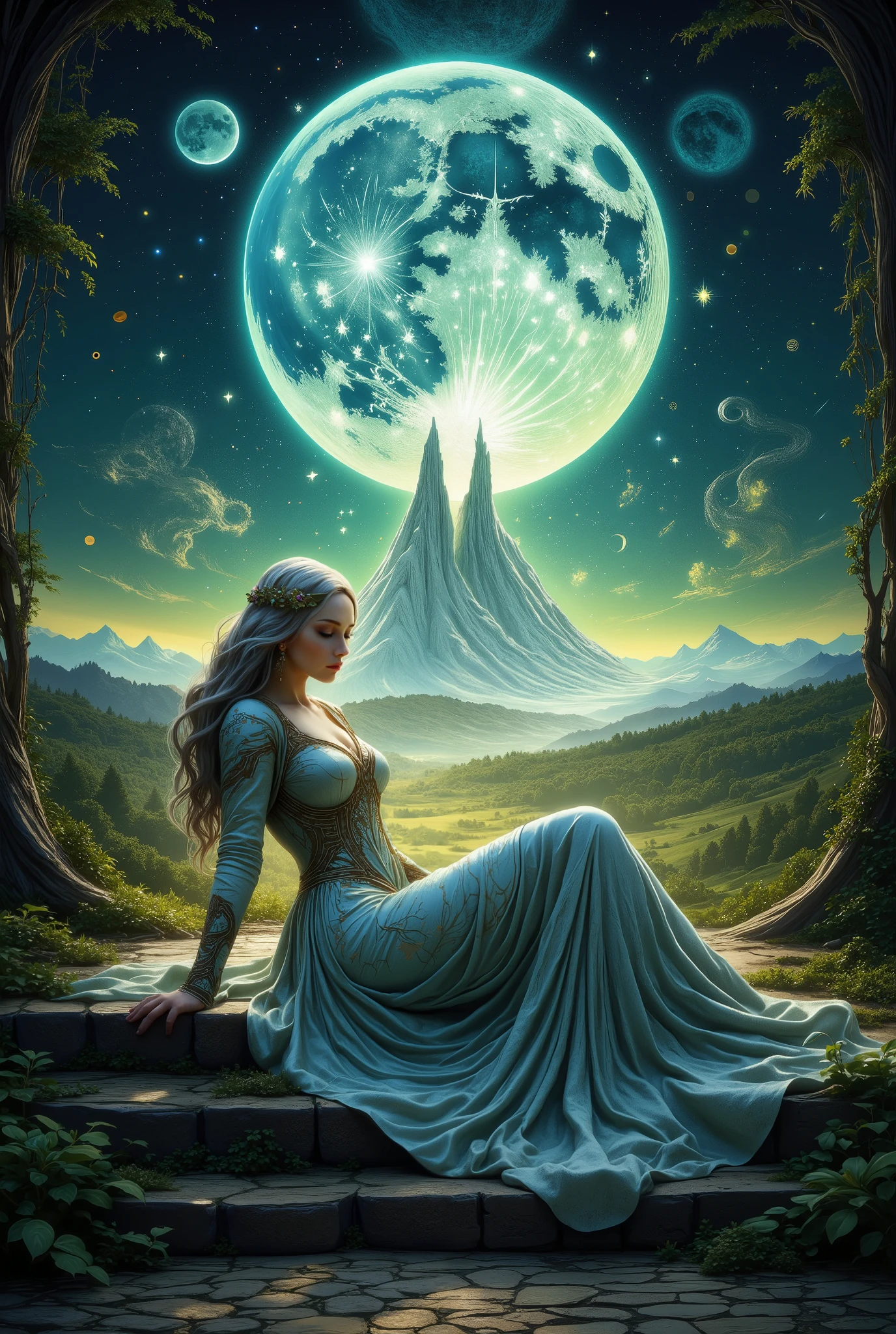 Hecate is the Goddess of the Moon and Lady of the Night Sky, A woman whose Body Shapes are Beautiful and Sexy, dressed into a light, light-dark robe with star patterns like heaven, She looks at the earth with her high, Very beautiful Silver-Gold Hair, Her Fabric Stands across the sky, She, lying down, with her hand on her beautiful hip, looks down to the ground with forests and mountains, eyes sparkle golden, and the magical patterns in the heavens create the magic of the constellations, The Moon Gently illuminates her Body Beautiful, beautiful colors, best quality, high detail, maximum quality, Masterpiece, 8k, high-quality, Beautiful details,