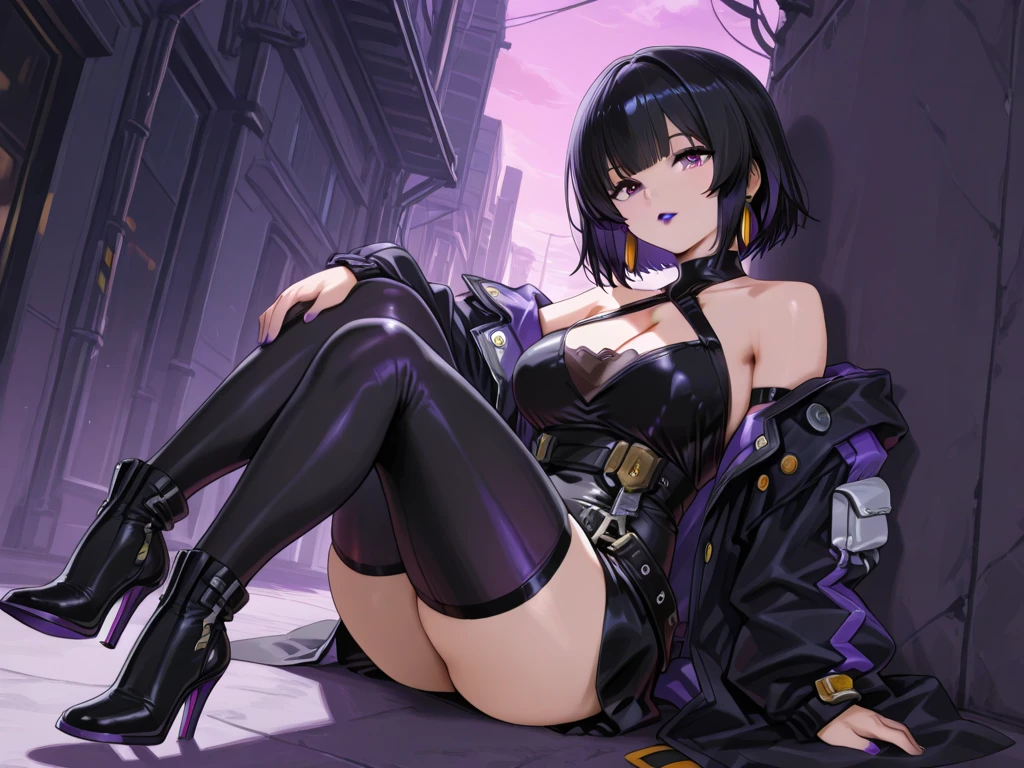As Kitty Noire, Zoé had a hairstyle that somewhat resembled Cat Noir's with a bob-length spikier cut as compared to her civilian form, coupled with full, spiky bangs and with green highlights starting around her temples and ending on the tips of her hair. She had cat-like eyes with yellow sclerae, dark orange irises, and slitted pupils and lips covered in a yellow-green lipstick and black cat ears on top of her head.
She was wearing a black compression shirt topped with a swan-necked cropped black jacket that ended around her mid-chest area with 3/4 length sleeves. The jacket had green zippers around the shoulders and at the edges of the sleeves, and closed with two silver buttons on the front. On her lower body, she wore high-waisted capri pants with the same fabric as her jacket, with a golden button and green front pockets. She also wore green suspenders that went under her jacket and connected to the waistband of her pants, and a long, black ribbon on her lower back that ended around her ankles, simulating a cat's tail. On her feet, she wore green socks and black sneakers with a green sole and stripe on the back, and black cat-paws prints on the undersoles.
Kitty Noire also had black biker gloves on both of her hands, and sharp, black claw-like nails on her fingers. The jacket, the pants, and the gloves had a similar puple sheen to the fabric, and a leather-like texture. Her Miraculous sat on the ring finger of her right hand, and her weapon, the staff, was now black (as opposed to Cat Noir's and Lady Noire's, which were both silver), and rests retracted on her lower back when not in use. SPARKLE; GLITTER;