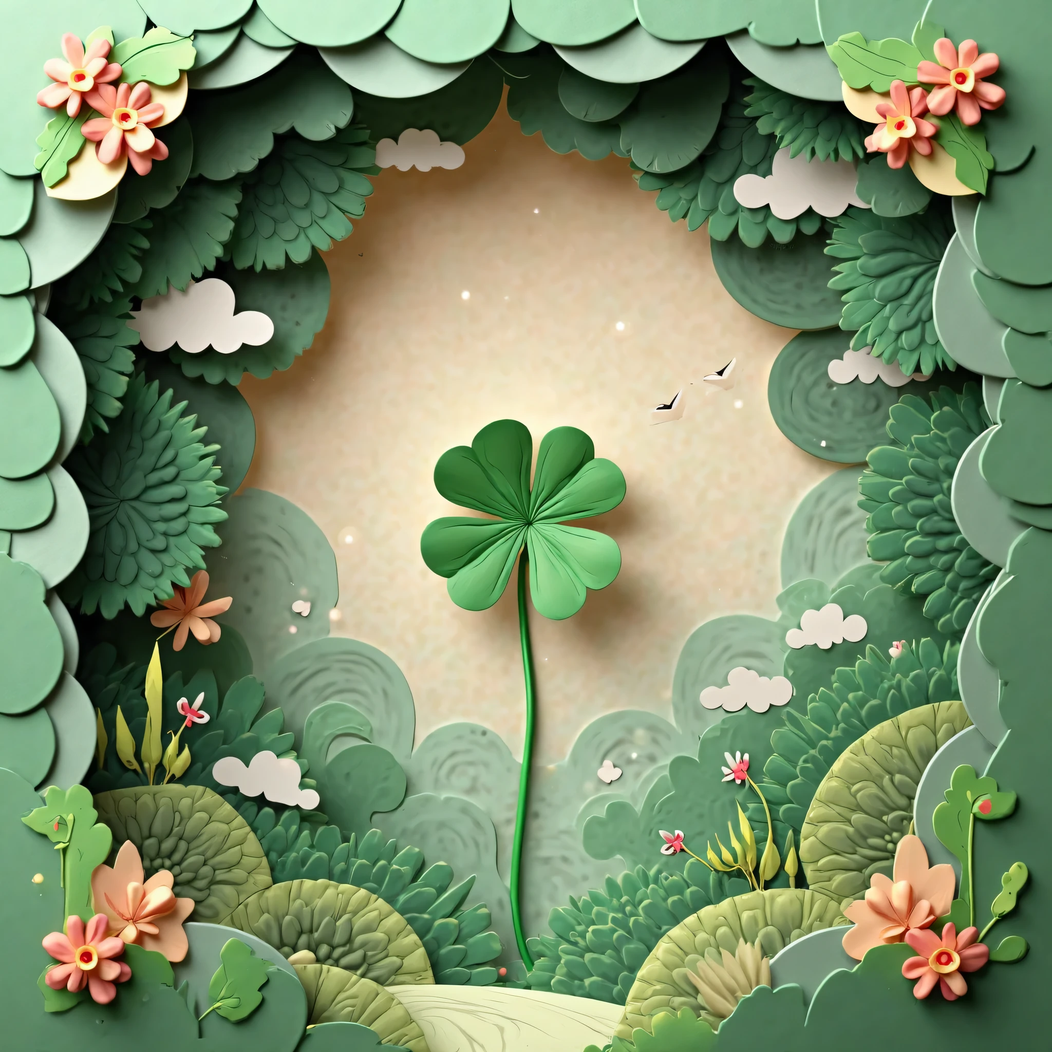 Create a 3D drawing, paper kraft,  dans un décor fantaisie,enchanting and magical, Based on this, ajouter au centre a four leaf clover