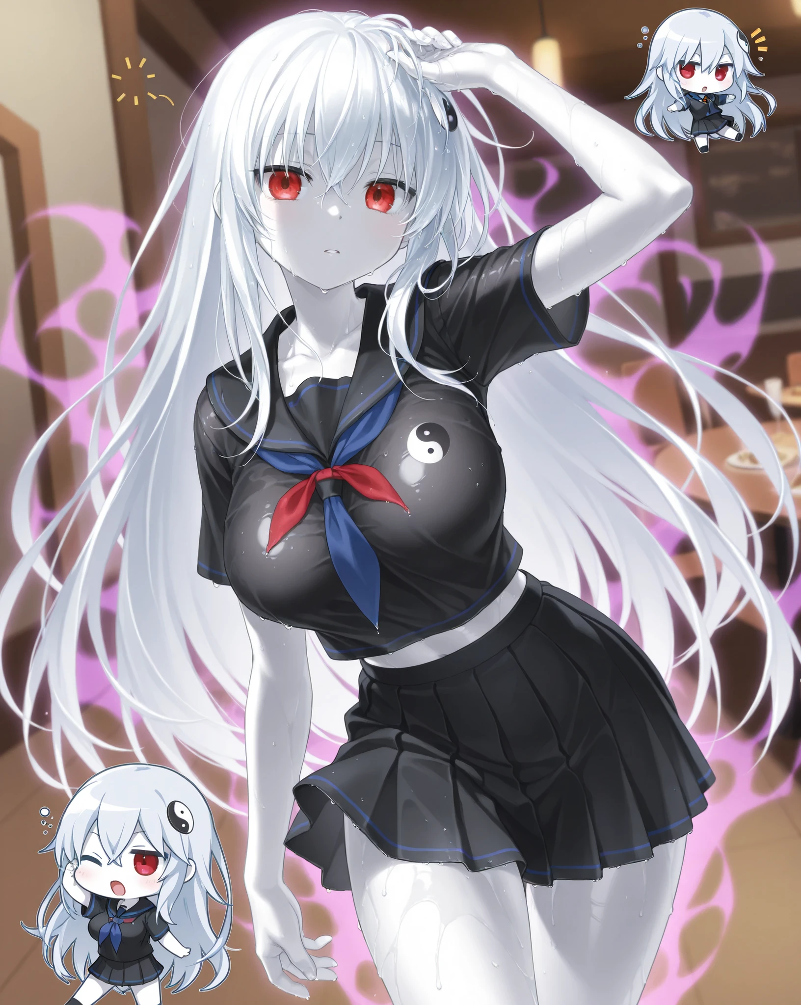 score_9,score_8_superior,score_7_superior,One girl,alone,bangs,blush,smile,View Viewer,:d,black bow,Black footwear,black skirt,bow,chest,Gray Hair,Character Name,collared shirt,Bunny Suit,Hair between the eyes,hair bow,hand 下,Holding a folding fan,Knee-high,Stiletto heels,Long Hair,big chest,Bunny Suit,Open your mouth,China dress,shirt,shoes,skirt,Are standing,Thigh straps,very Long Hair,white shirt,Red eyes