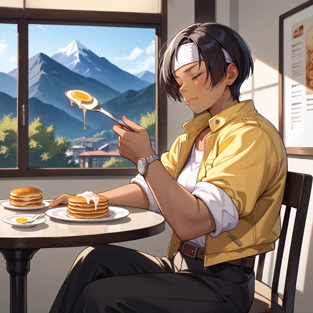 masterpiece, top quality, great quality, very beautiful, black hair, short cut, dark skin, ((mountain yellow jacket with rolled up sleeves)) , open jacket, silver watch, light purple T-shirt , ((white headband)) , mountain yellow slacks, white shoes, wearing brown belt, latest,pretty face, S4 bit4mago_ one girl, difficult, change, ^_^, eyes closed, cheeks full, wavy mouth, anime, illustration, eating pancakes, (:0.4), after holding fork, chair, table, in restaurant, in room, warm lighting
