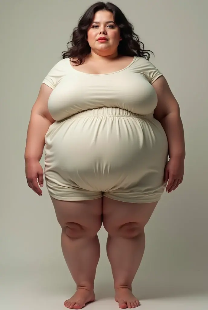 (nsfw),(8k, ultra-high resolution, highest quality, masterpiece:1.2), ultra-realistic, (realistic, photorealistic:1.37), (realistic skin:1.2), ultra-detailed, Canon EOS RP, 8k, Korean mature woman, (embarrassed, frustrated),(((super obese)))、 (((super curvy,))) ((super voluptuous,)) adult model,((raising both hands))、 standing still, ((full body shot)), thick ankles, (short hair), (empty space), (pale white background only),(bare feet)