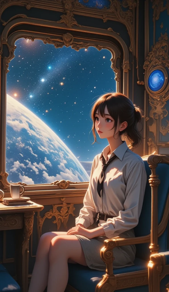 Galaxy Express 999, a masterpiece by Leiji Matsumoto, a passenger car pulled by a steam locomotive traveling through space, an interplanetary immigrant looking out the window in a passenger cabin