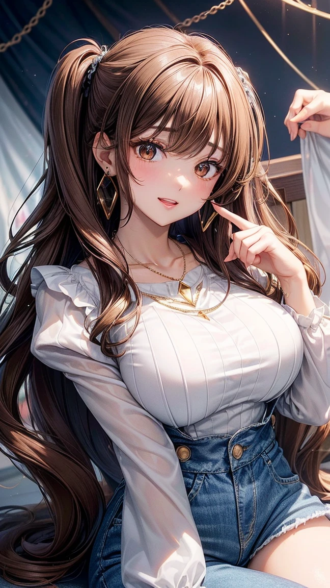 Masterpiece, Excellent, 1 Female, Upper Body, Light Brown Hair, Bright Eyes, Shirt, (Rock Star), Big Breasts, Wet Hair
