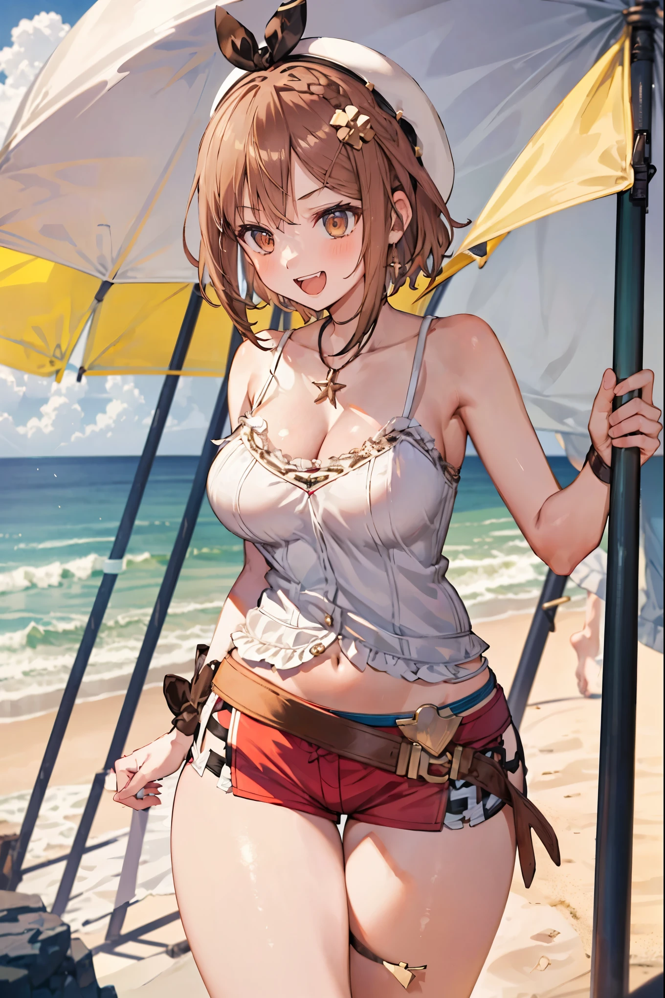 Masterpiece, top quality, Hi-Res, very detailed CG , 2nd Default, asymmetrical design costume, Bare Thighs , belt, chest, teeth, is laughing, beach,1teen_girl,white_camisole,large_breasts,large_thighs,short_shorts,apart_legs,raise_fist,