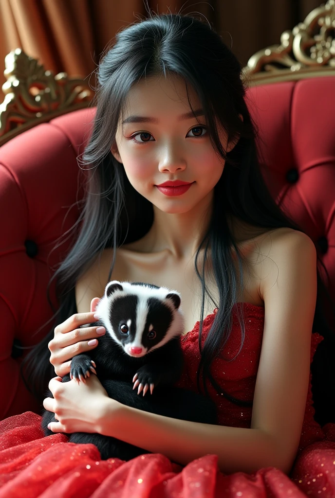 a beautiful Asian girl with long black hair, detailed eyes, nose, and lips, with an ethereal ball gown, sitting on her exquisite sofa, holding a baby skunk (best quality,4K, 8k, high resolution, Head of' work of art:1.2), ultra detail,(realistic,photo-realistic,photo-realisitic:1.37), HDR, studio lighting, highly detailed face and body, portrait, cinematic lighting, dramatic lighting, warm color tones, dramatic colors