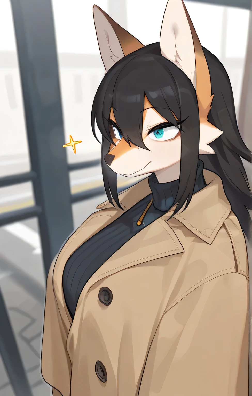  in,  of the best quality,  masterpiece、Furry animation anime、female skemo、khaki coat、Long canines、Gunman、poncho
