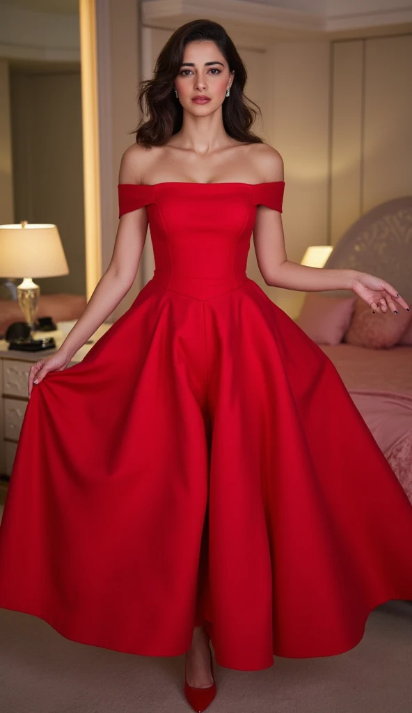 Vestido de dama de honor color rojo con 💐 zapatillas de cristal en tonos calidos y carruaje de caballos blanco con coletas rojas