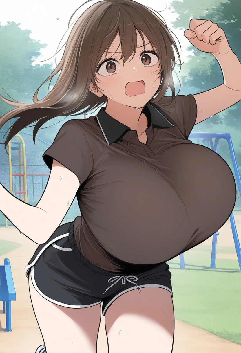 gym uniform, gigantic breasts, white shirt, wet shirt, wet, see-through shirt, no bra, wide hips, :o, running, bouncing breasts, unaligned breasts, motion lines, motion blur, sweat, , heavy breathing, mature female, brown hair, hair over shoulder, braid, outdoors, park, shirt tucked in